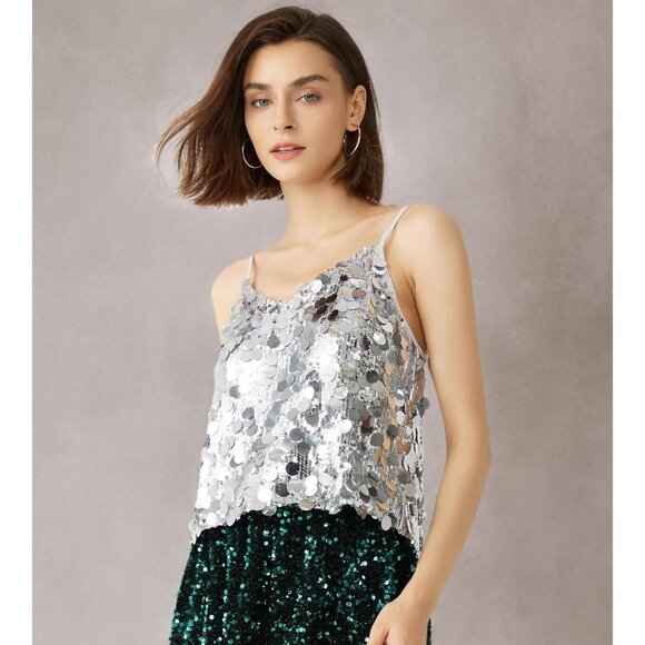 Women's Sequin Tank Top V-Neck Spaghetti Strap Party Camisole - Picture 6 of 6